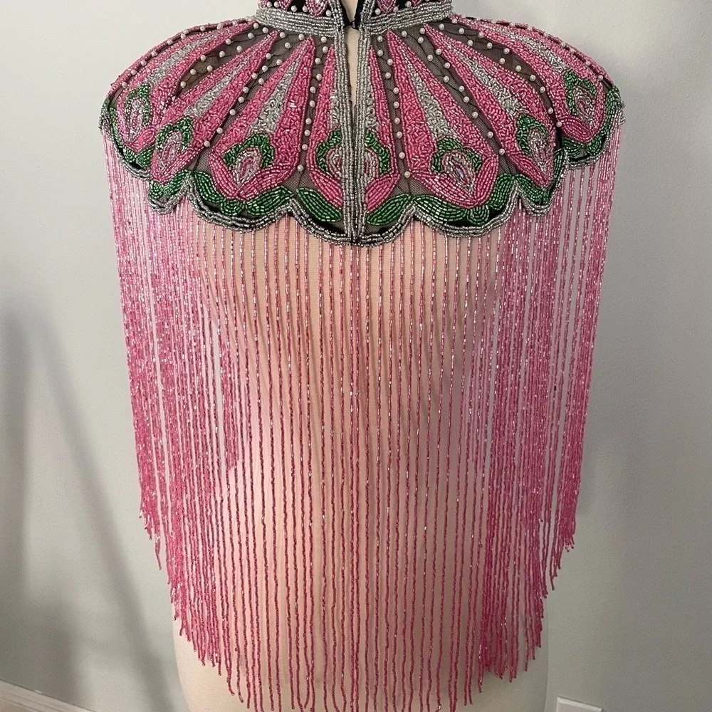 Pink Green and Pearls Hand beaded fringe Cape - Picture 6 of 7